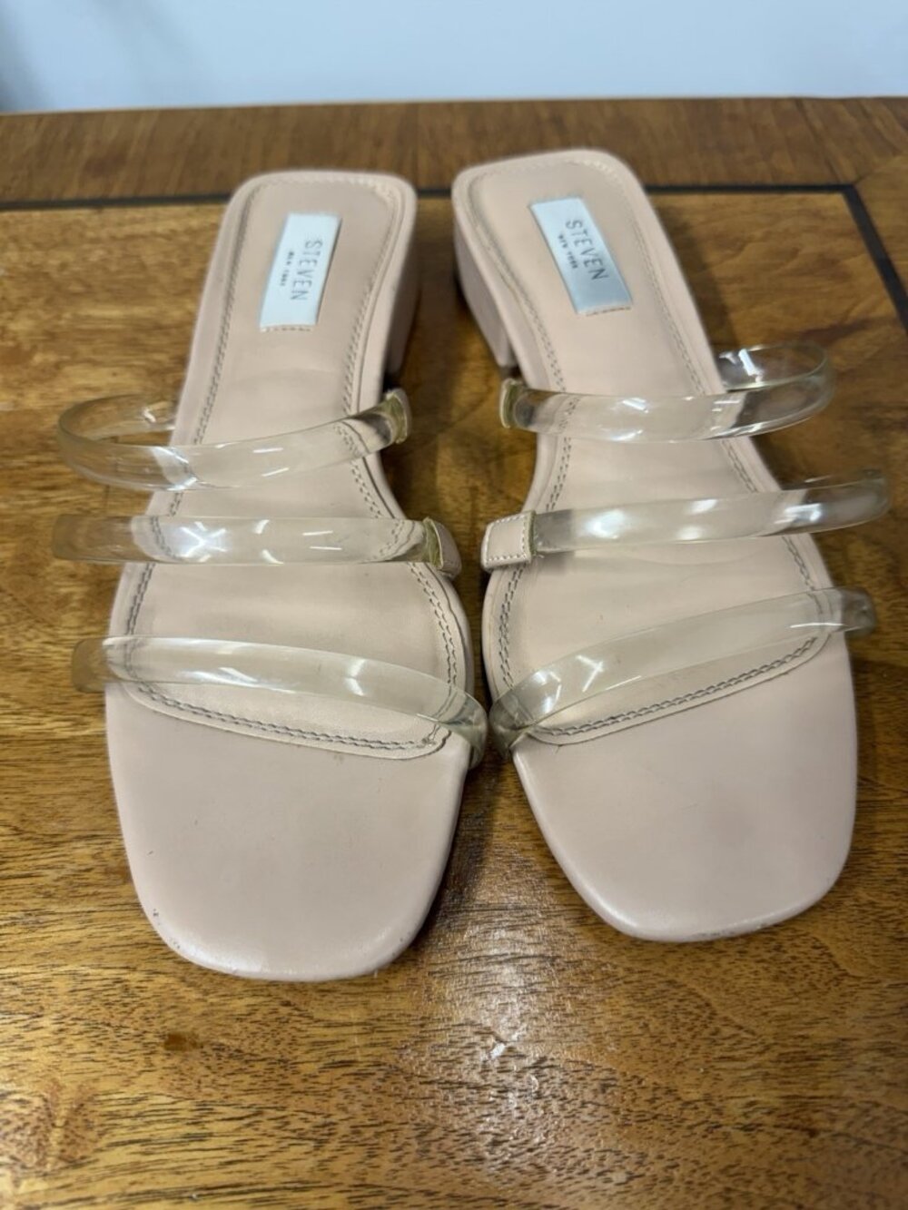 Steve Madden Women’s 7 Nude Low Heels Slip On Sandals Clear Straps Summer Shoes